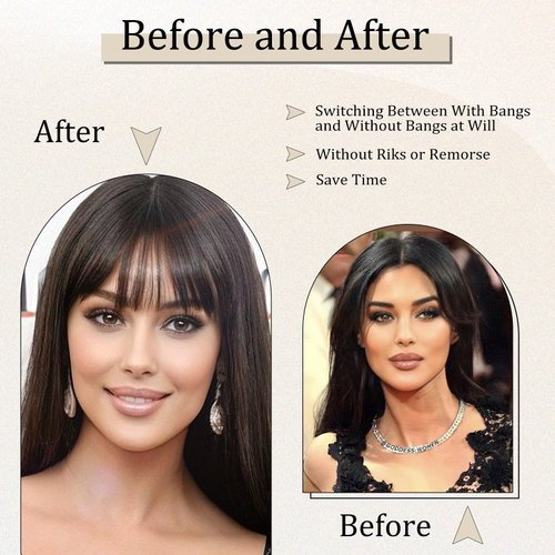 Clip in Bangs 100% Human Hair Bangs Brown Black Fake Bangs Clip on Bangs for Women Girls Faux Bangs Clip in Hair Extensions With Hair Roller for Daily Wear