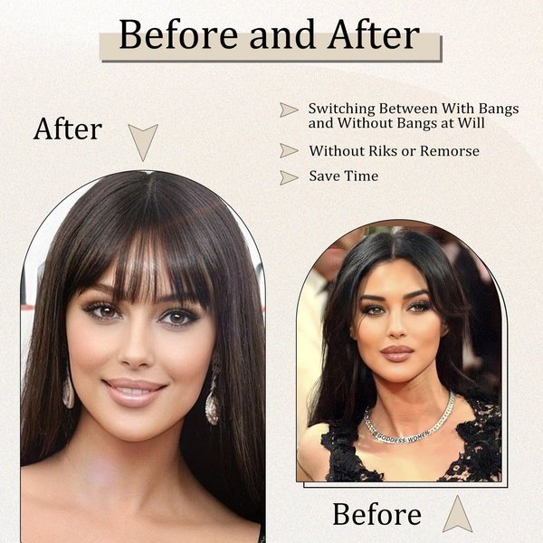 Clip in Bangs 100% Human Hair Bangs Brown Black Fake Bangs Clip on Bangs for Women Girls Faux Bangs Clip in Hair Extensions With Hair Roller for Daily Wear
