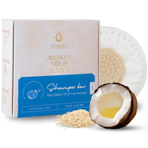 ZENURA Rice Water Shampoo Bar for Hair Growth with Coconut Oil, Solid Bar for Strengthening and Thickening Hair, Natural Ingredients, Eco-Friendly, Vegan, Paraben Sulfate & Cruelty Free - 3.5 oz
