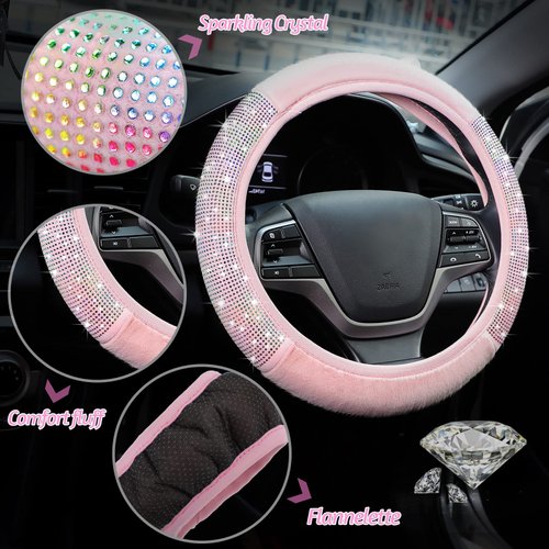 10 Pcs Pink Car Accessories Set, Pink Steering Wheel Cover Fluffy Armrest Box Mat Handbrake Cover Seat Belt Shoulder Pads Gear Shift Cover Ignition Button Ring Stickers Mirror Hanging Ornaments