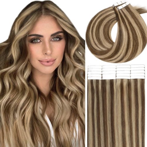 Lacer 20 Inch Remy Tape in Hair Extensions Human Hair Color Chocolate Brown to Light Golden Brown Invisible Straight Double Sided Skin Weft Natural Hair Tape in Extensions 50g 20pcs
