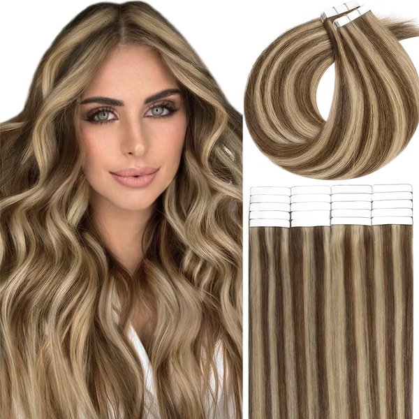 Lacer 20 Inch Remy Tape in Hair Extensions Human Hair Color Chocolate Brown to Light Golden Brown Invisible Straight Double Sided Skin Weft Natural Hair Tape in Extensions 50g 20pcs