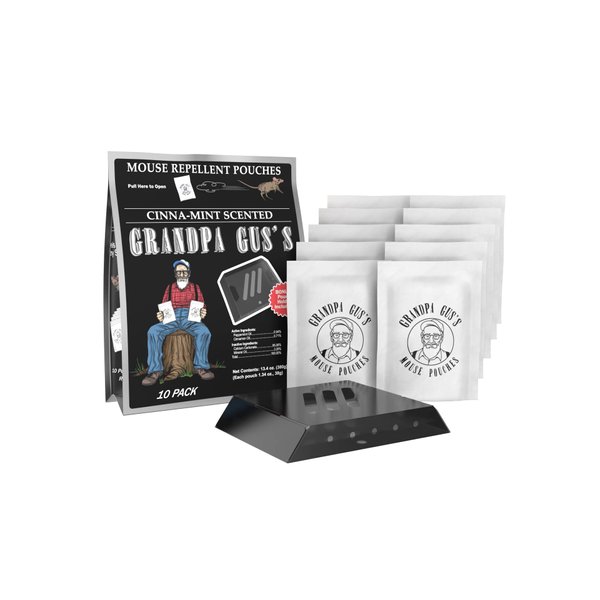 Grandpa Gus's Extra-Strength Mouse Repellent (10 Pouches) Bundled with a Pouch Holder, Cinnamon/Peppermint Oils Repel Mice from Nesting & Freshen Air in Car/RV/Boat/Garage/Shed/Cabin