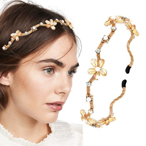 Firuilo Gold Rhinestones Headbands Crystal Pearl Flower Hair Bands Wave Thin Beaded Headbands Bride Weeding Hair Hoop for Women(Gold)