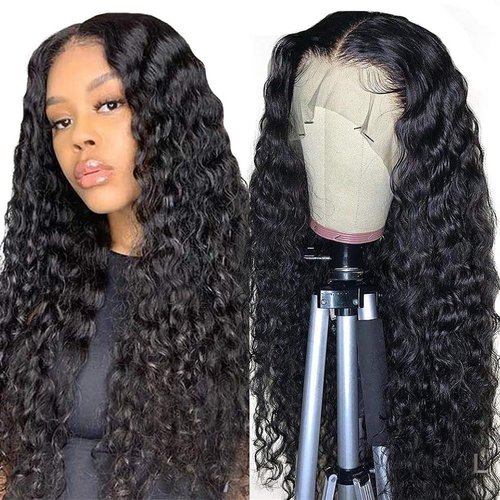 UMEGIRL Water Wave Lace Front Wigs Human Hair 13x4 Lace Fontal Wigs Human Hair Curly Wig for Women 150 Density (Natural Black Water Wave Wig, 32 Inches)