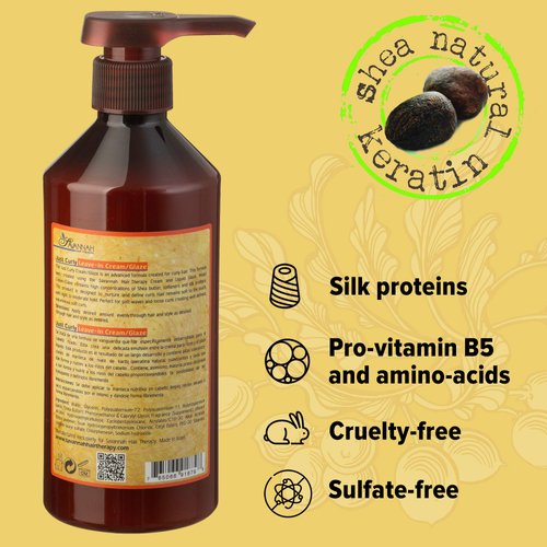 Savannah Hair Therapy Leave In Cream-Glaze – Leave in Conditioner for Curly Hair/Dry Damaged Hair with Shea Butter, 16.9 oz, Cotton and Silk Protein, Vitamin B6 - Sulfate Free Curl Defining Cream