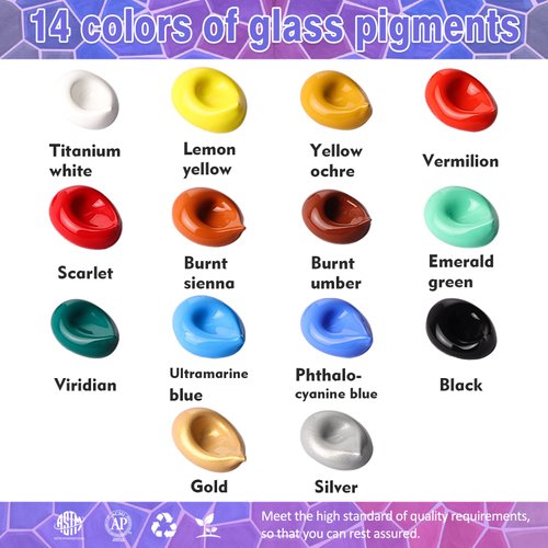 Colorful Stain Glass Paint Set with 6 Brushes, 1 Palette & 1 Sponge, 14 Colors Waterproof Permanent Glass Painting Kit for Arts on Wine Glasses,Bottle and Windows