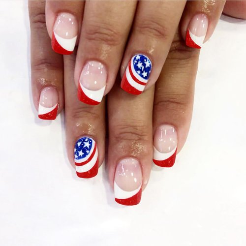 4th of July Press on Nails Medium Square Fake Nails Independence Day Patriotic Red Blue White Glitter French Star Flag Designs Acrylic False Nails with Glue Stick on Nail Accessories for Women 24 Pcs