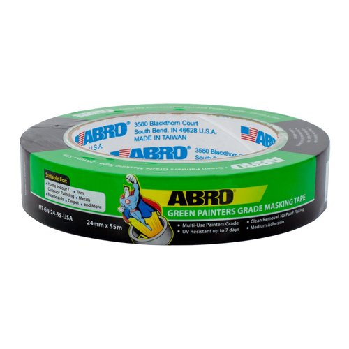 ABRO Masking Tape, 24mm x 55M, All Purpose Green Masking Tape for Temporary Labeling and Marking, Easy Tear, Clean Removal, Painters Tape for DIY and Professional Uses - Green