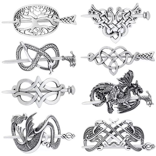 GuoShuangGuoShuang 8 Pcs Viking Celtic Long Hair Clips - Vintage Silver Celtic Knot Hair Stick Jewellery Hair Slide and Metal Hairpin Barrettes for Women and Girls - Minimalist Hair Accessories with