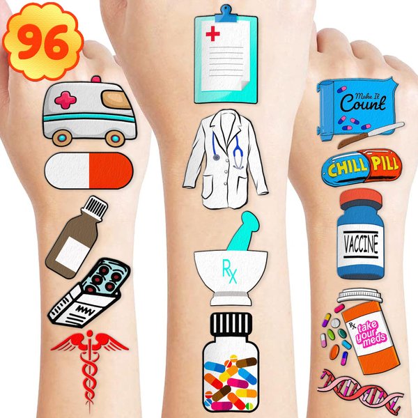 96PCS Funny Future Pharmacist Pharmacy Stickers Temporary Tattoos Happy Birthday Party Decorations Supplies Favors Decor Doctor Nurse Tattoo Gifts For Graduation Kids Adults Boys Girls Prizes Carnival