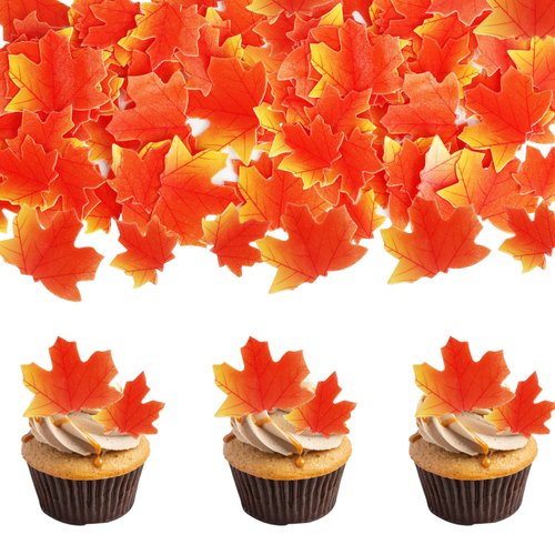 50 Pack Edible Fall Leaves Cupcake Toppers Maple Leaf Cupcake Picks Water Paper Fall Leaf Autumn Thanksgiving Cake Decorations Baby Shower Kids Birthday Party Supplies 2