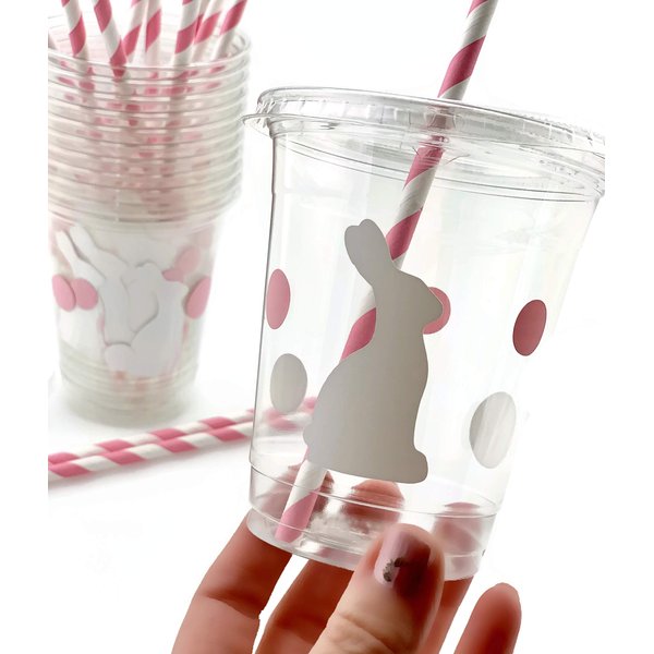 Bunny Party Cups - 12 Set Plastic Lids Straws Somebunny is One First Birthday