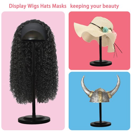 Wig Stand Adjustable Height Black Plastic Wig Head Stand Portable Wig Holder Stands Non-Slip Wig Head Holders Sturdy for Multiple Wigs and Hats Styling Drying Display