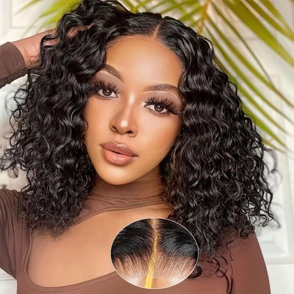 Wear and Go Glueless Wigs Human Hair Pre Plucked Pre Cut Curly Bob Wig Human Hair 4x4 HD Lace Closure Wigs Human Hair for Black Women Deep Wave Lace Front Wigs With Baby Hair (Natural Color, 12 Inch)