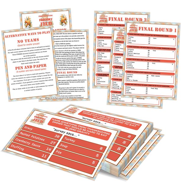Thanksgiving Friendly Feud Game, Family Feud Quiz, Family Feud Baby Shower Game, Thanksgiving Party Game for Family Activity Favors Supplies-12 Question Cards and 3 Final Rounds Cards-04