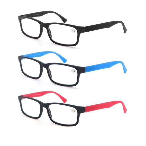 MODFANS Reading Glasses Men Women 1.0 Strength Readers Eyeglasses Square Matte Comfort Feel Spring Hinge 3 Pack Mix Color Black Red Blue