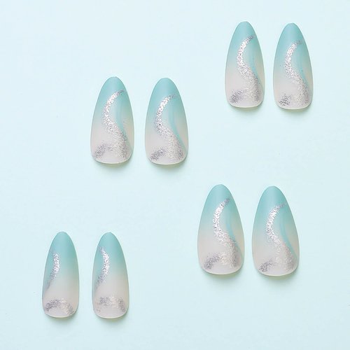 RUOKEXIN Nail Press ons Almond Press on Nails Medium Fake Nails Blue Ombre Acrylic False Nails with Silver Ripple Line Designs Glitter Artificial Nails Spring Glossy Stick on Nails for Women 24Pcs