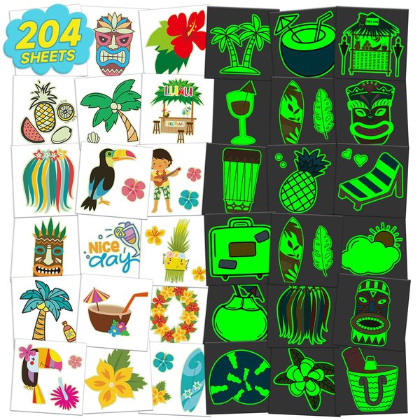 EMOME 204 Sheets Glow Individually Wrapped Temporary Tattoos for Kids, Hawaiian Luau Tropical Pool Beach Party Favors Supplies for Girls Boys,Waterproof Kids Tattoos and Fake Tattoo Stickers