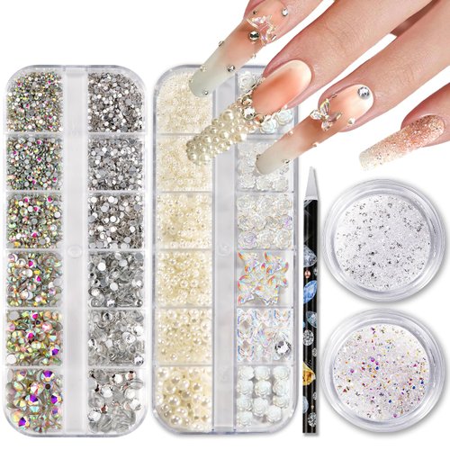 Nail Rhinestones and Pearls Nail Charms, HAOZHER 11000 PCS Crystals Nail Gems and Rhinestones for Nails, 4 Box Nail Jewels for Nail Art Rhinestones Kit, 3D Pearl Nail Charms Wax Pencil for Rhinestones