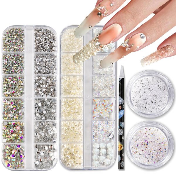 Nail Rhinestones and Pearls Nail Charms, HAOZHER 11000 PCS Crystals Nail Gems and Rhinestones for Nails, 4 Box Nail Jewels for Nail Art Rhinestones Kit, 3D Pearl Nail Charms Wax Pencil for Rhinestones