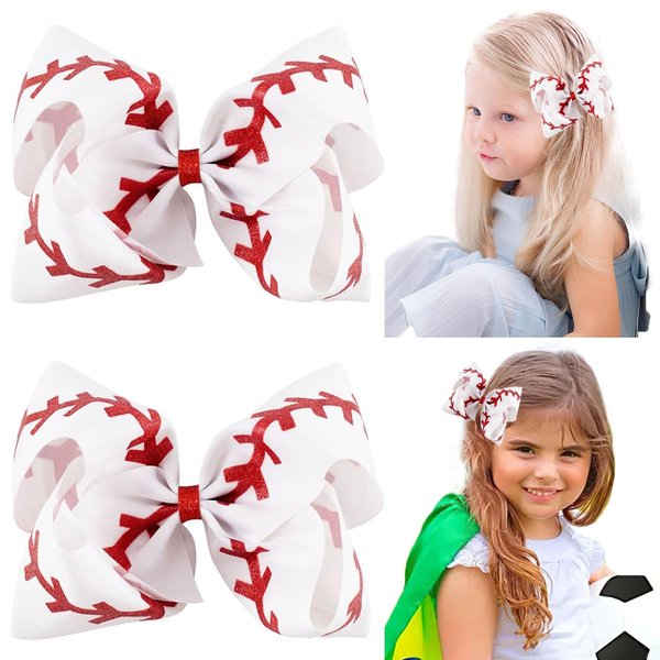 2Pcs Softball Hair Bow Clips 4.5" Grosgrain Ribbon Bows with Alligator Clips Hair Barrettes Hair Accessories for Little Girls Teens(white)