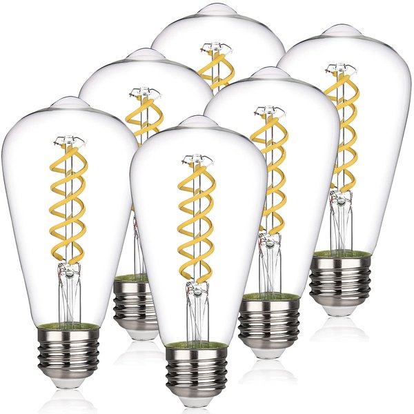 RuiAoTD ST58 (ST19) Vintage Edison LED Bulb, Soft White 2700K, Antique Flexible Spiral LED Filament Light Bulb, 600LM Dimmable, 6W Equivalent to 60W, CRI 80+, E26 Base Clear Glass, 6 Pack