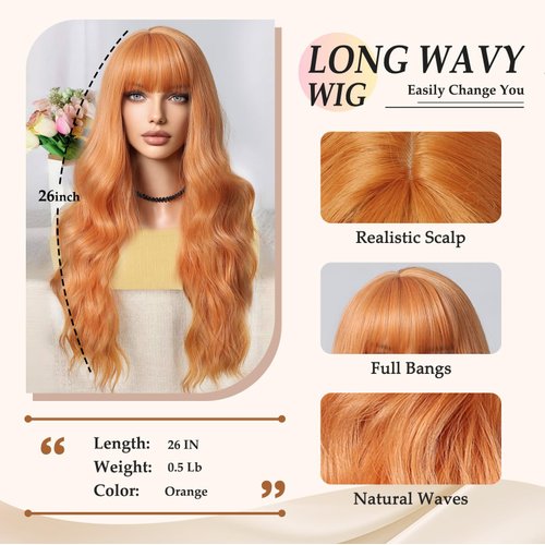 testar Ginger Wig With Bangs Long Wavy Auburn Wigs For White Women Loose Wave Orange Wigs Hair Replacement Heat Resistant Synthetic Wigs For Daily Party Use 26 Inch