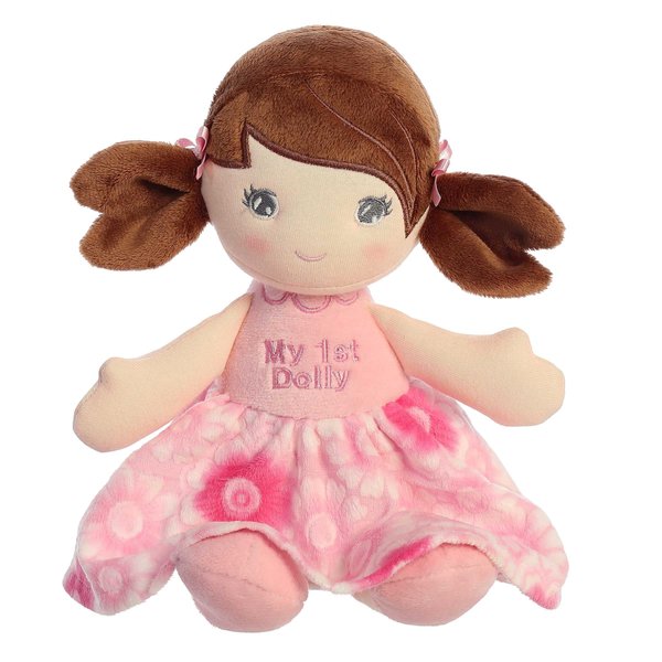 Aurora® Elegant First Doll Brunette Baby Stuffed Doll - Imaginative Play - Stylish Companions - Pink 12 Inches