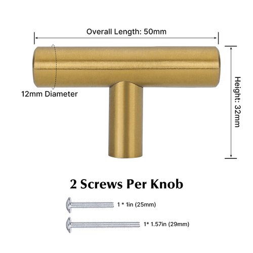 goldenwarm 20Pack Gold Knobs for Dresser Kitchen Cabinet Knobs Brushed Brass Drawer Knob Furniture Door Knobs - LS201GD Single Hole Handles Brushed Gold T Bar Knobs Stainless Steel