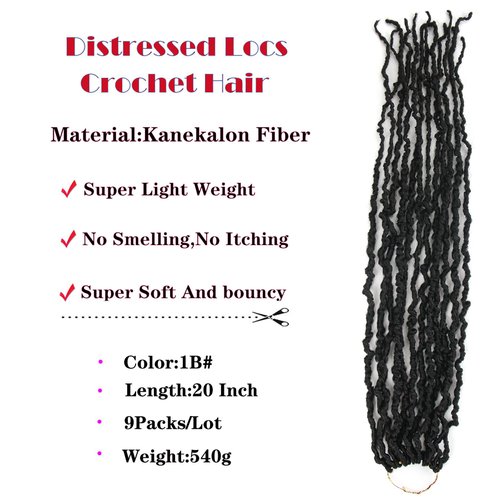 9packs/lot Faux Locs Crochet Hair Black Curly Soft Distressed Locs 20inch Wavy Crochet Braids Dreadlocks Synthetic Goddess Faux Locs Braiding Hair Extensions (20 Inch (pack of 9), 1B#)