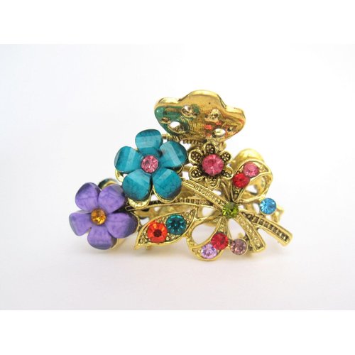 Generic Medium small multi- colored jeweled antique bronze metal hair claw clip