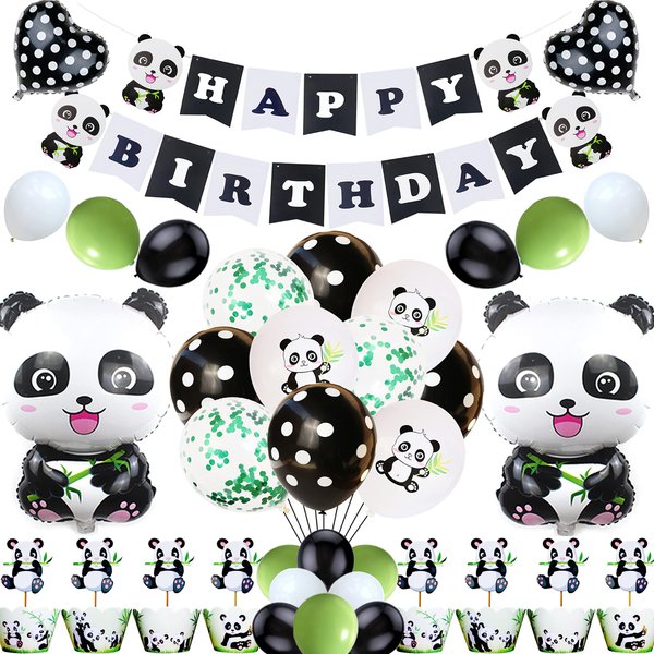 Welliboom Cute Cartoon Panda Birthday Party Supplies with Banner, Children Party Decoration, Children Panda Themed Birthday Party Decoration Full Birthday Set 65PCS For Birthday Party