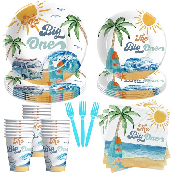 HIPVVILD The Big One Surf Birthday Decorations Tableware Boy, Surfing First Birthday Party Decorations, Plate, Cup, Napkin, Fork, Summer Beach Surf 1st Birthday Party Supplies | Serve 24