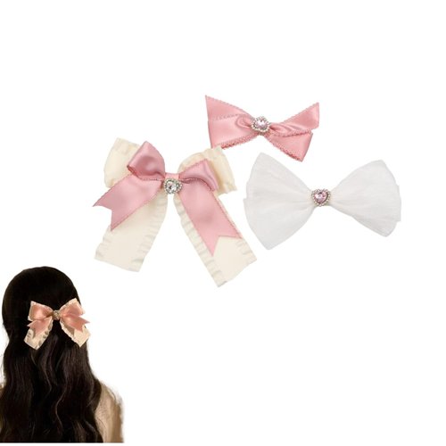 3 Pcs Bow Hair Clips, Sweet Crystal Heart Hair Clips, Exquisite Satin Bownot Hair Barrettes, Ribbon Ponytail Holders Hair Styling Accessories for Women Girls