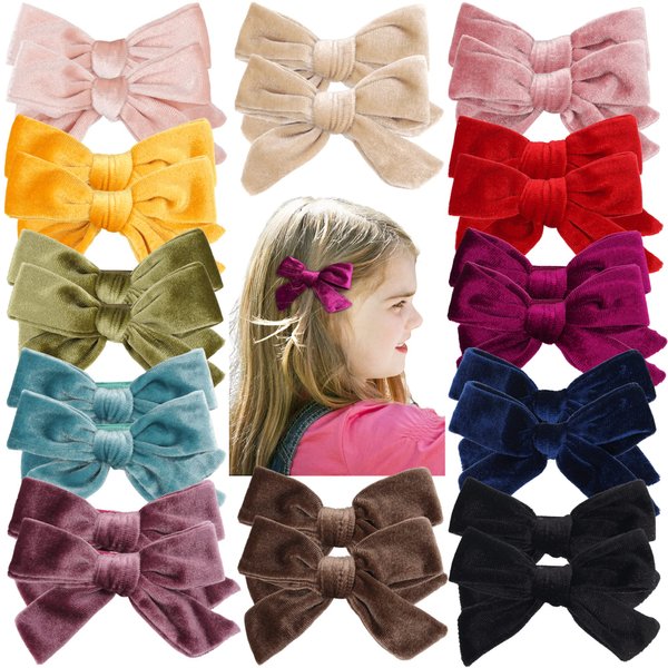 BBGifts 4 inch Velvet Hair Bows Clips, 24pcs Toddler Girls Hair Bows Full Lined Alligator Clip Accessories Baby Girl Ponytail Pigtail Holder 12 Pairs Hair Clips