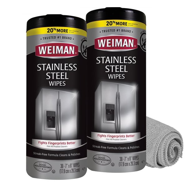 Weiman Stainless Steel Cleaner and Polish Wipes Bundle with Microfiber Cloth-Removes Fingerprints, Water Marks and Grease from Appliances - Works Great on Refrigerators, Ovens, and Grills