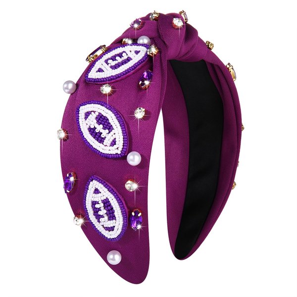 JERTOCLE Football Knotted Headbands for Women Game Day Sports Headband Pearl Crystal Bejeweled Wide Top Knot Hairband Game Day Hair Accessories (Purple White)