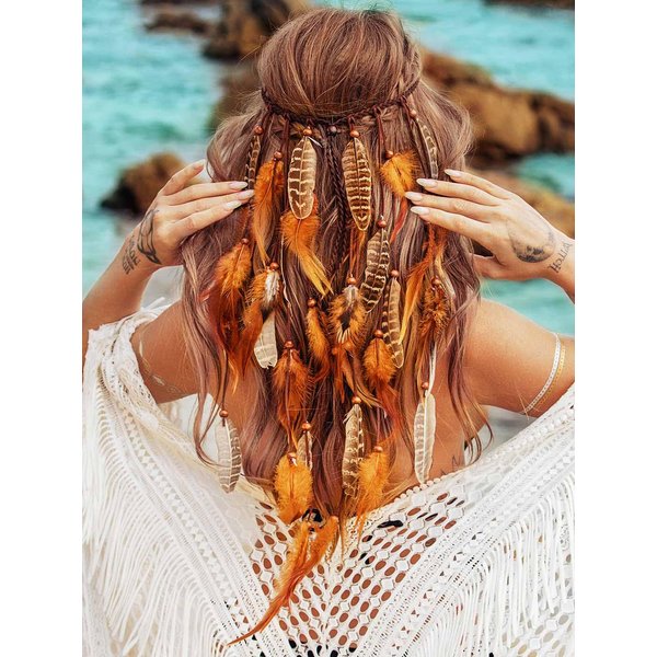 GENBREE Boho Feather Headband Gypsy Headpiece Bohemian Hippie Headbands Indian Hair Band Long Feather Hair Accessories for Women (Pattern 1)