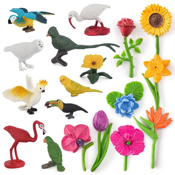 WONWONTOYS 19 PCS Mini Bird Animal Figures Flowers Model Parrots Flamingos Myna Hummingbirds Party Supplies Cake Toppers Desktop Accessories Toy for Boys Girls Kids Toddlers