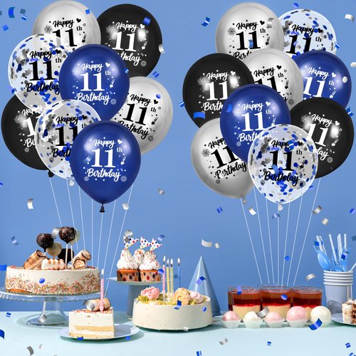 RUMIA Blue 11th Birthday Balloons 24Pcs Navy Blue Black Silver Happy 11th Birthday Latex Balloons Confetti Balloons for Boy Girls 11th Birthday Anniversary Party Decorations Supplies 12 inches