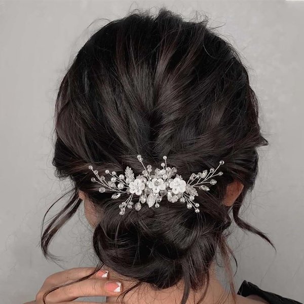 CASOLVX Bridal Pearl Hair Comb Silver Handmade flower edging wedding bridal hair accessories for bridal and bridesmaid