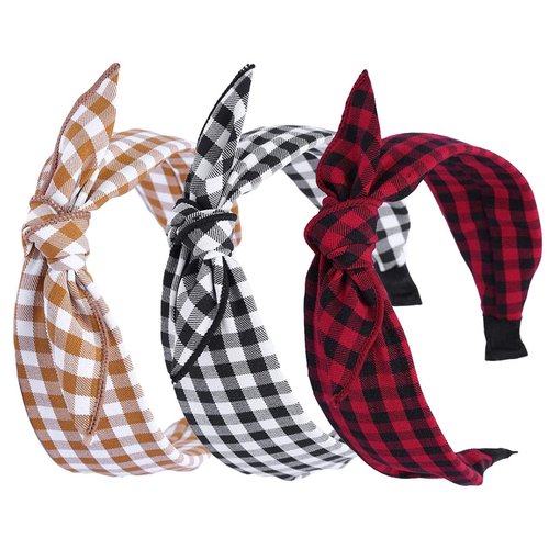 Qiabao 3 Pack Womens Vintage Plaid Headbands Headwraps Hair Band with Bow