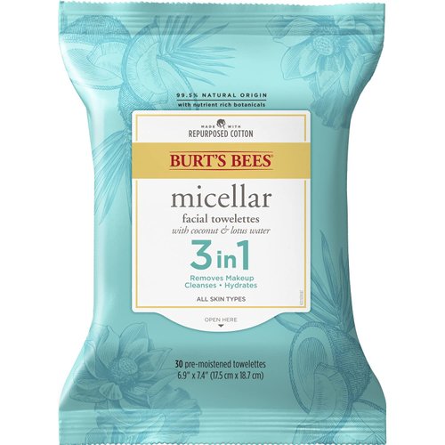 Burt's Bees, 3 in Facial Cleanser Towelettes and Makeup Remover Wipes and Made Repurposed Cotton, Micellar with Coconut & Lotus Water, 30 Count