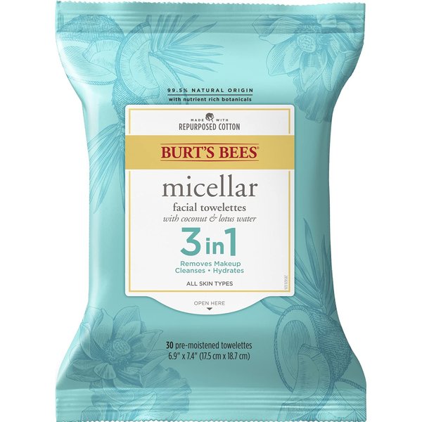 Burt's Bees, 3 in Facial Cleanser Towelettes and Makeup Remover Wipes and Made Repurposed Cotton, Micellar with Coconut & Lotus Water, 30 Count