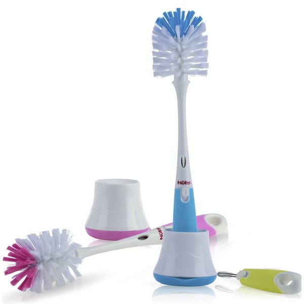 Nuby 2 in 1 Bottle and Nipple Brush with Stand, 1 Pack, Colors May Vary
