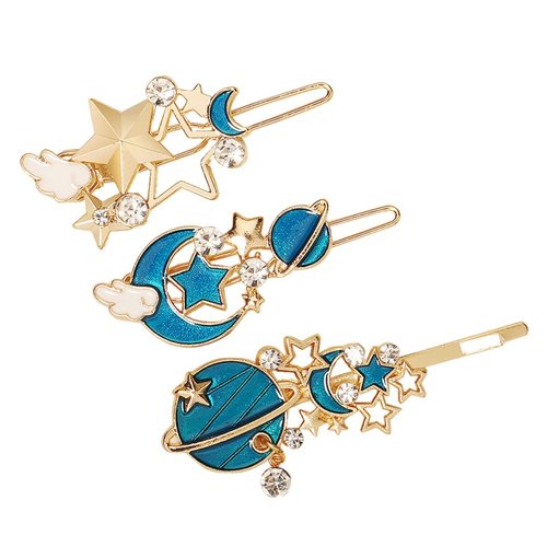 SOLUSTRE 3Pcs Gold Rhinestone Moon Star Hair Clips Vintage Hollow Hair Pin Metal Crystal Hair Clips Hairpins Snap Barrettes Comb Claw Clamp for Wedding Bridal Decorative