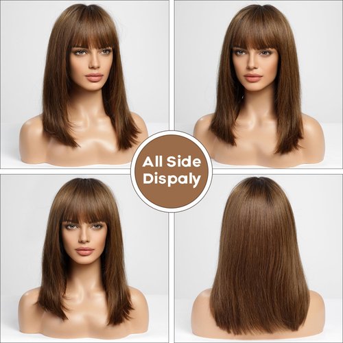 BLONDE UNICORN 16 Inch Bob Wig with Bangs Human Hair,Natural Brown Bob Wigs for White Women,100% Human Hair Shoulder Length Wigs for Daily Use 180 Density