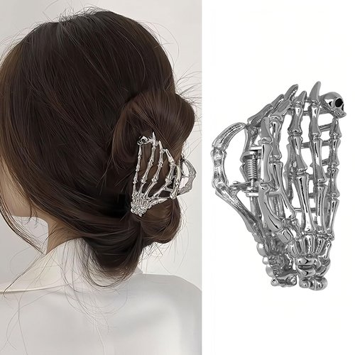 FULANSI Skeleton Hand Hair Clip Metal Silver Hair Claw Clips Gothic Halloween Hair Accessories for Women Fashion Skull Claw Clips for Thick/Thin Hair Strong Hold Hair Jaw Barrettes Party Decor