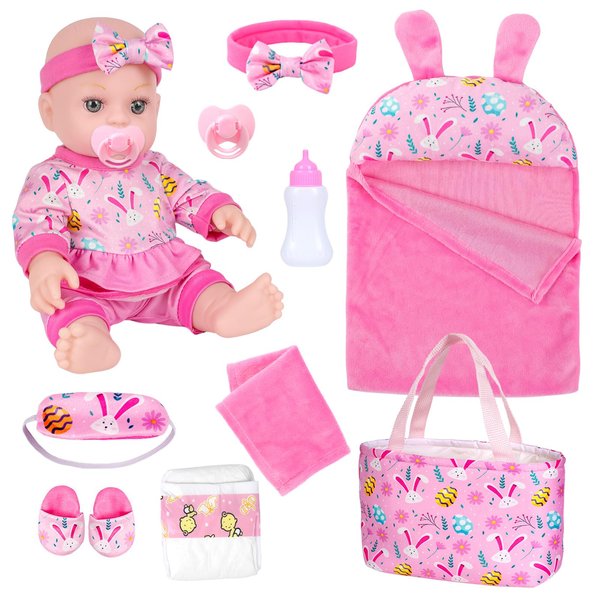 ZQDOLL 12" Baby Doll with Bunny Theme Clothes and Sleeping Bag,12 Inch Tote Bag Baby Dolls Accessories Set Toy Stuff Pacifier Slippers Bottle Diapers Hanky Eye Mask for Baby Toddlers 3 Ages+